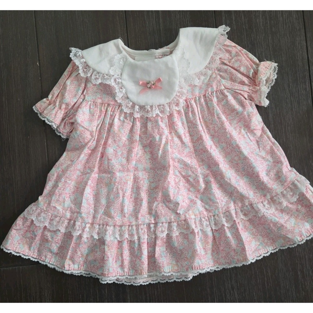 Vintage K.L.L Baby Girl Lace Flower Dress Size 12 Months Pink Baby Doll Dress